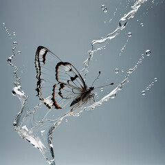 A transparent clearwing butterfly appears to be encased in a splash of water creating an ethereal blend of nature and water