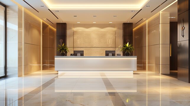 Modern and luxurious hotel lobby interior with reception desk. Concept of hospitality, business, travel, and accommodation.