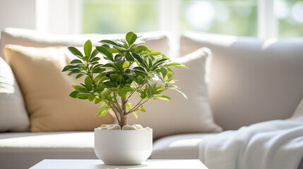 white potted plant on coffee table in living room with sofa and pillows