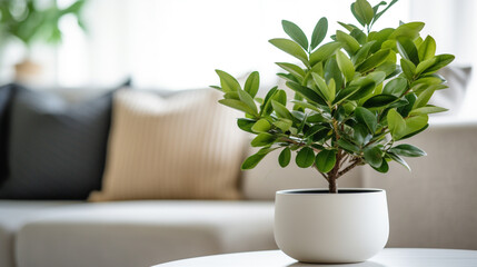 white potted plant on coffee table in living room with sofa and pillows
