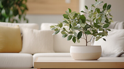 Obraz premium white potted plant on coffee table in living room with sofa and pillows