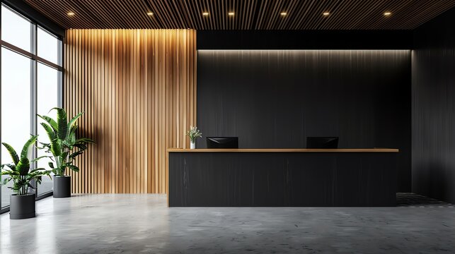 Modern office lobby interior design with black reception desk, wooden wall paneling, and concrete floor. Concept of corporate, minimalist, and stylish workplace.