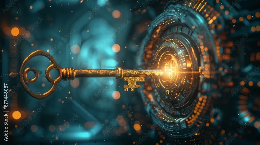 Wall mural unlocking wisdom, design a banner with a golden key unlocking a door to knowledge against a futurist