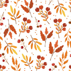 Seamless pattern with autumn leaves and red berries on white background, design for fabric, wallpapers	
