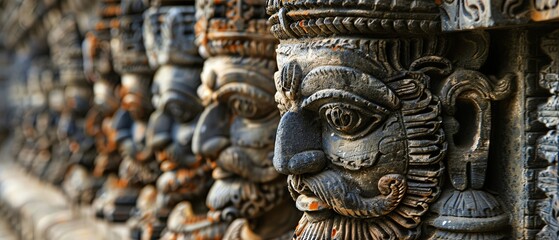Fototapeta premium Close-up of intricately carved stone faces, showcasing traditional Indian temple architecture.