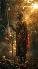 Fototapeta premium A tribal warrior stands in a jungle with a spear, bathed in golden sunlight.
