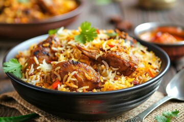 Fototapeta premium Authentic indian chicken biryani with basmati rice being served in a black bowl