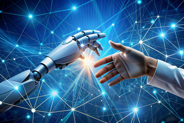 AI, Machine learning, Hands of robot and human touching on big data network connection background, Science and artificial intelligence technology, innovation and futuristic.