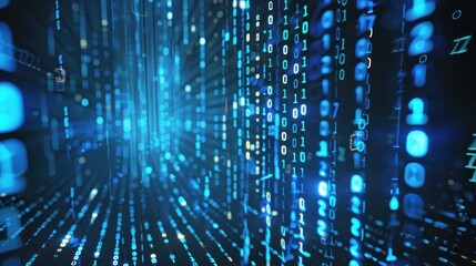 Vertical flow of blue binary digits in the matrix