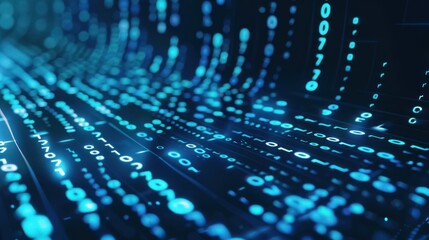 Curved path of binary code with luminous blue light