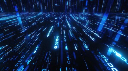 Futuristic digital landscape with flowing binary code.