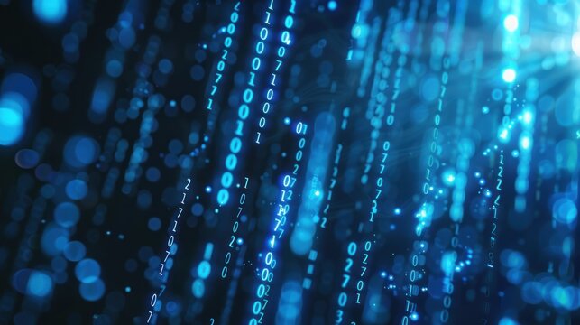 Dynamic digital code in flowing neon light.