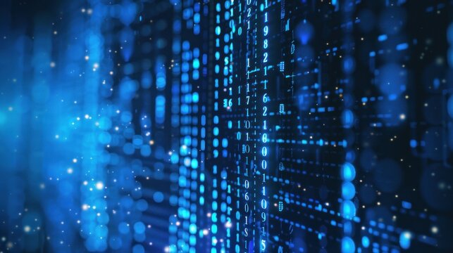 Rows of binary code display cyber data flow.