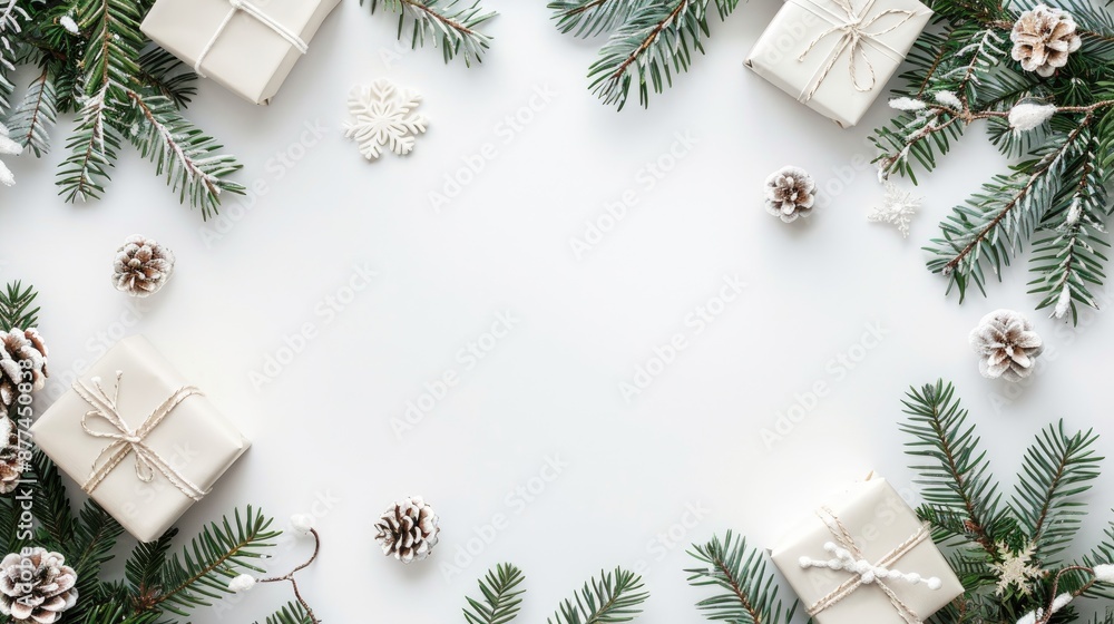 Poster christmas arrangement of white decorations and fir tree branches with gift boxes on a white backdrop