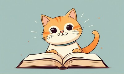 Illustration of cute smiling  ginger kitten study with book on pastel blue background. Funny cat reading an open book. Animal cartoon character. Back to school or uni concept. With copy space. 