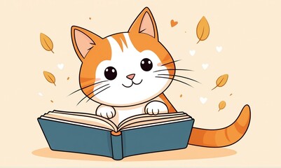 Illustration of cute smiling  ginger kitten study with book on light beige background. Funny cat reading an open book. Animal cartoon character. Back to school or uni concept. With copy space. 