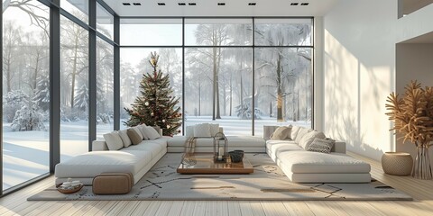 Minimalist Holiday Living Room with Snowy Landscape View, generative ai