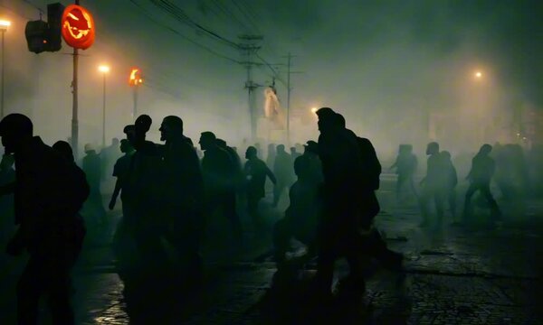 zombie crowd walking at night, halloween concept
