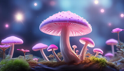 Abstract fantasy pink mushroom illustration of mushroom in forest. Nature mystic glowing fungus