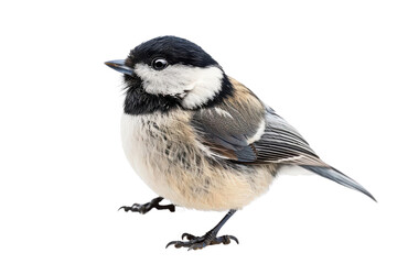 Fototapeta premium Close-up image of a small, fluffy bird with black and white feathers, standing against a white background.