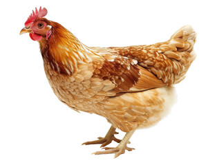Close-up of a brown hen standing on a white background, ideal for farming and poultry-related themes.