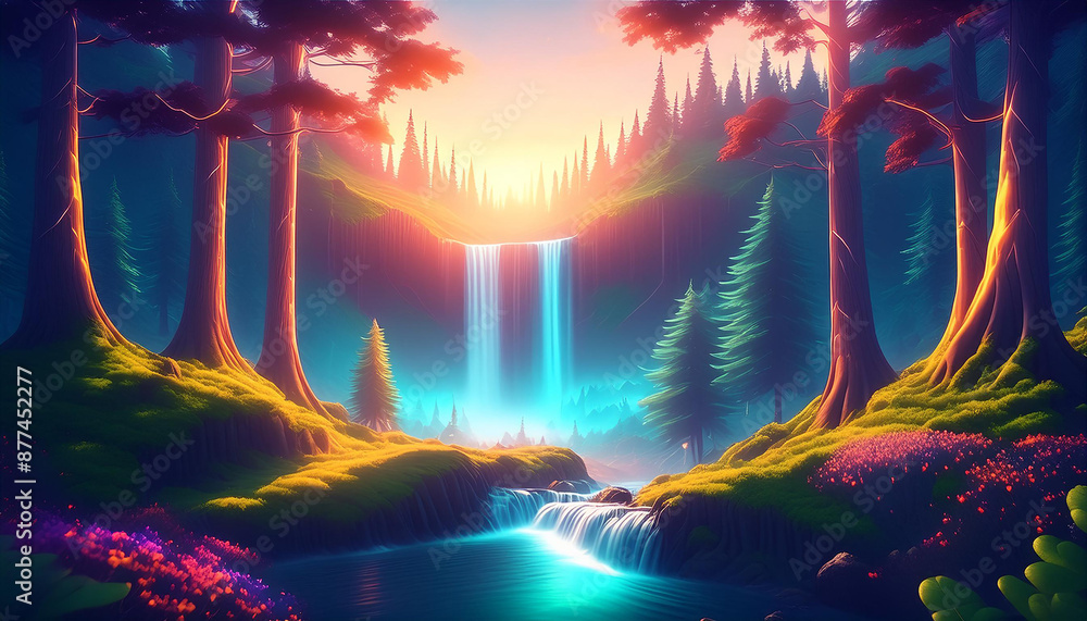 Wall mural Fantasy morning forest nature landscape with trees, waterfall and sunrise. Serene dreamy surreal land