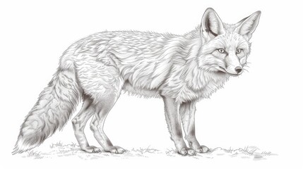 Obraz premium Detailed black and white sketch of a fox standing on a grassy surface, showcasing its fur texture and poised stance.