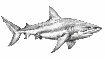 Fototapeta premium Detailed black and white sketch of a shark, showing intricate lines and shading, capturing the realistic features of this powerful marine predator.