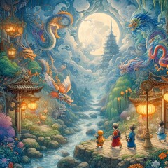 Mystical Journey Dragons and Dreams in a Moonlit Enchanted Garden