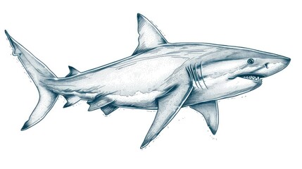 Fototapeta premium Detailed hand-drawn illustration of a great white shark in profile. Realistic sketch showcasing the powerful features of this marine predator.
