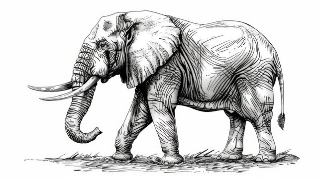 Detailed black and white sketch of an elephant walking. Intricate line art depicting the majestic animal in natural pose.