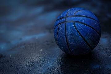 Blue basketball with a textured surface lying on wet asphalt after the rain