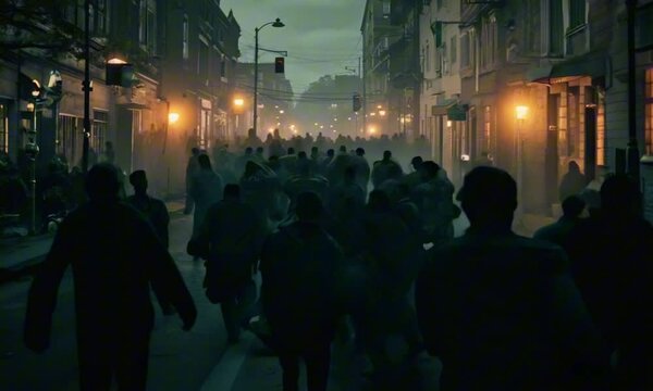 zombie crowd walking at night, halloween concept