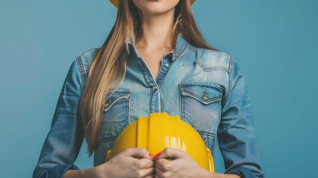 Female contractor engineer displaying yellow helmet for text insertion space