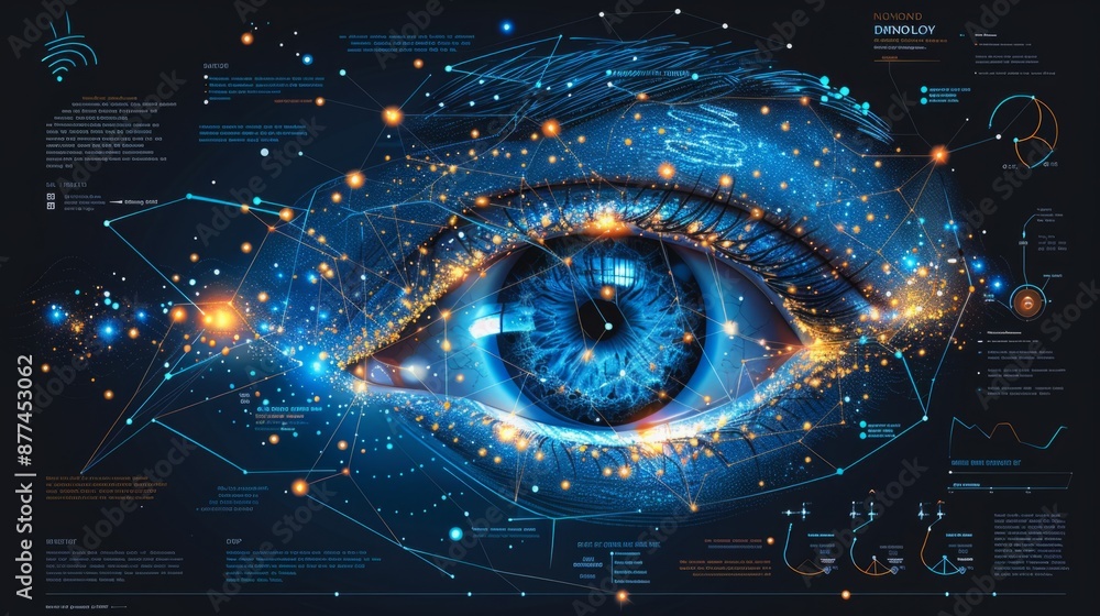 Poster a close-up image of a blue digital eye surrounded by connected lines and data points. the eye appear