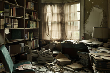 A cluttered, dimly-lit room with stacks of books and papers scattered on the floor and a broken window with tattered curtains.
