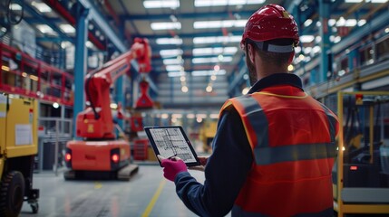 Engineer in protective gear uses tablet to monitor automated machinery on factory floor
