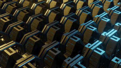 Fototapeta premium Gold and blue futuristic mechanical texture for technology background