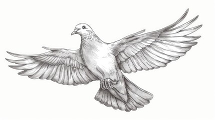 Obraz premium Detailed pencil sketch of a dove in flight, showcasing the elegance and grace of its spread wings on a plain background.
