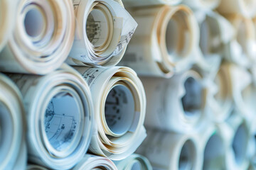 Numerous rolled architectural drawings tightly packed together, signifying detailed planning and meticulous architectural work.