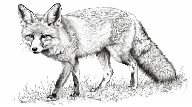 Detailed pencil drawing of a fox walking on grass. Realistic illustration showcasing the graceful and cunning nature of this wild animal.