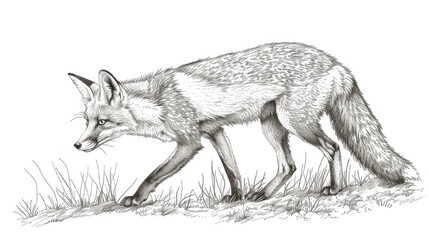 Fototapeta premium Detailed pencil sketch of a fox walking gracefully on grass, showcasing its natural elegance and beauty in black and white.