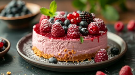 gourmet desserts, rich raspberry cheesecake with a topping of fresh berries, a luxurious dessert delight