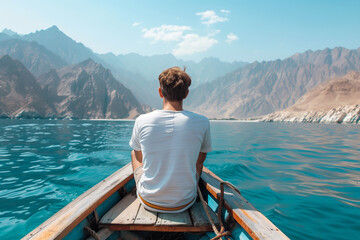 A man in a white t-shirt sitting on the front of a wooden boat at sea with turquoise water.