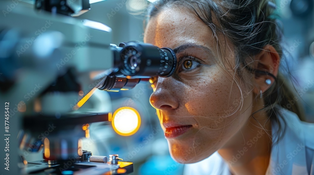 Poster a close-up image of a female scientist using a microscope in a laboratory.
