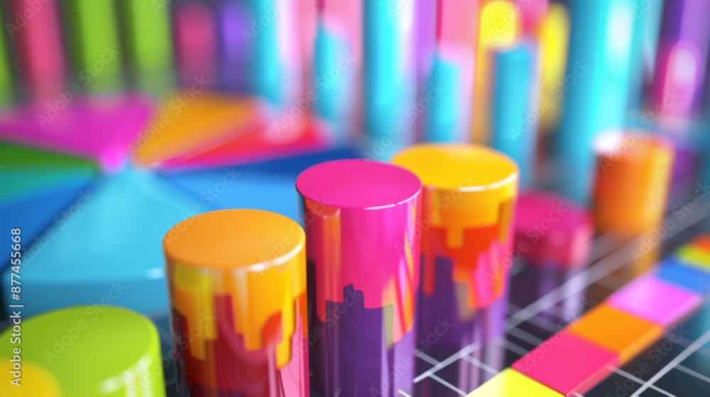 Poster abstract background of colorful bar graphs and pie charts representing business statistics.