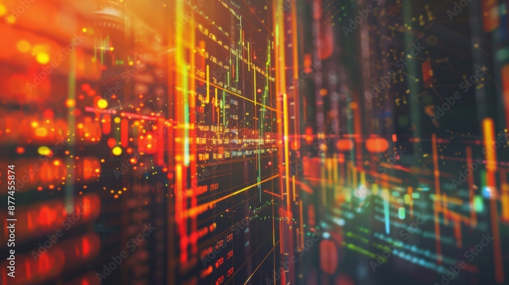 Poster Abstract background of colorful financial graphs and data analysis on a computer screen.