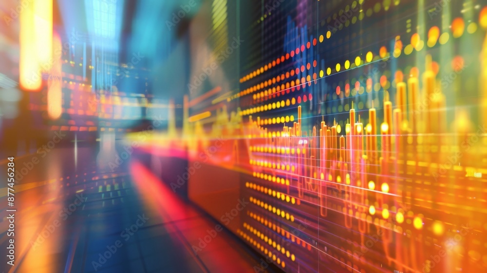 Aufkleber Abstract background of blurred financial graphs and data analysis on a digital screen.