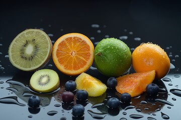 A variety of fruits, including kiwi, oranges, and berries, displayed on a wet reflective surface. Refreshing and vibrant.