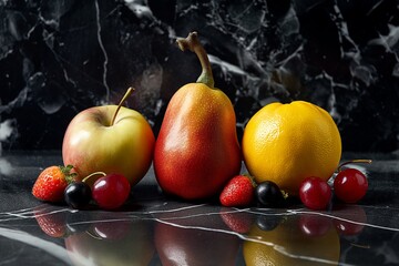 An apple, pear, and an orange are artistically arranged with strawberries and cherries on a marble background. Elegant.